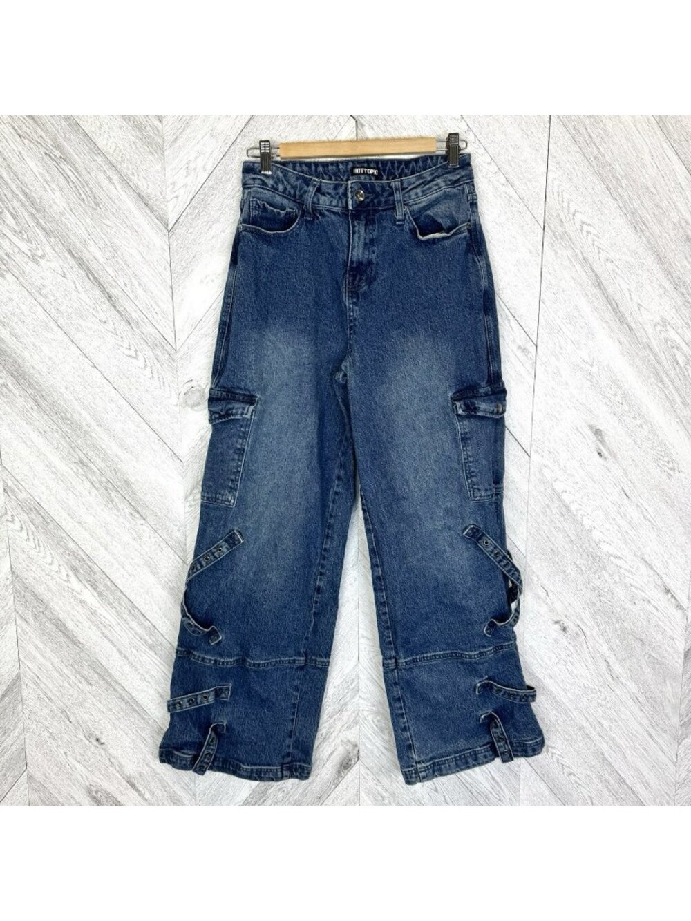 Hot Topic Wide Leg Cargo Denim Blue Jeans Womens Juniors Size 7 Goth Punk Emo